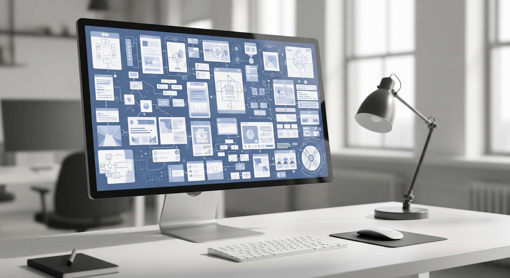 How To Choose a UI/UX AI and Website Development Partner in 2026 Modern digital workspace with abstract UI wireframes on a monitor representing AI-assisted UX design