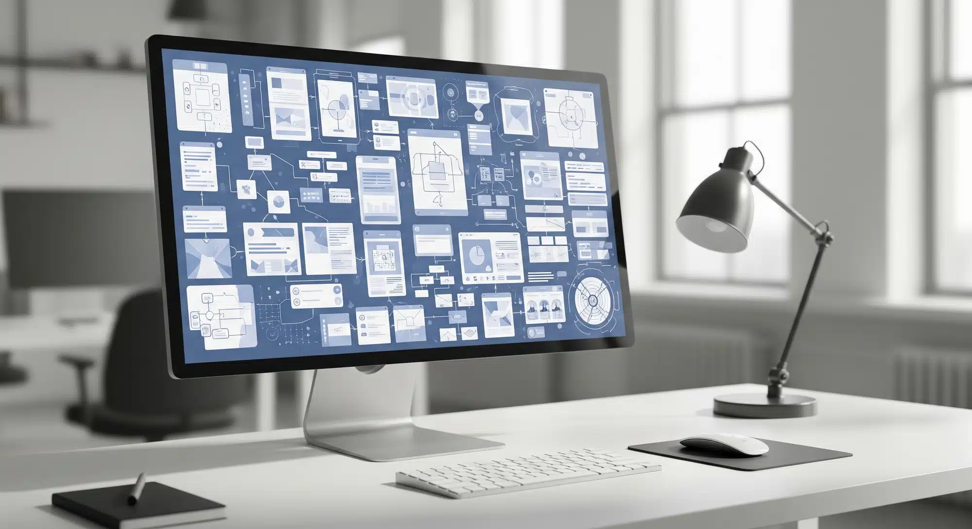 Modern digital workspace with abstract UI wireframes on a monitor representing AI-assisted UX design