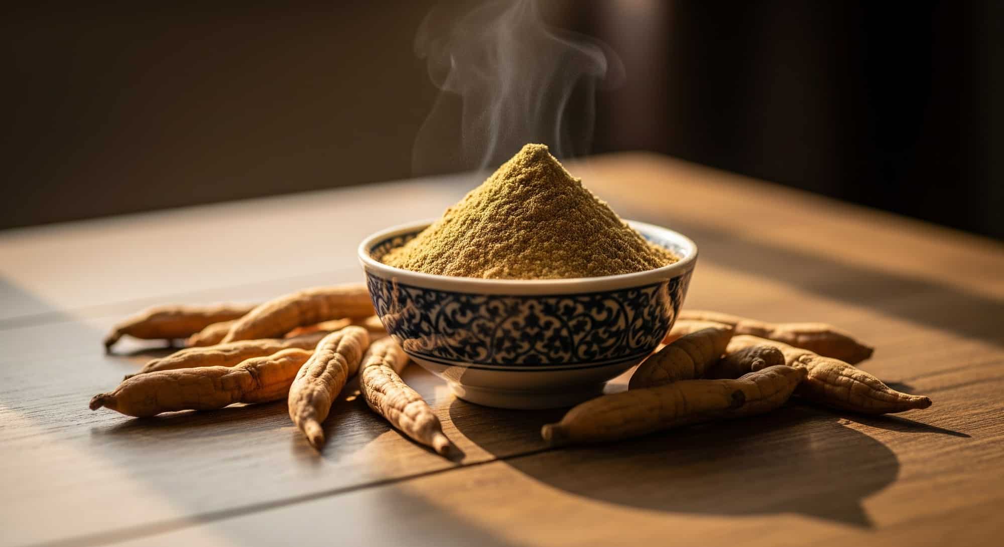 Ashwagandha root powder and dried roots on a wooden surface