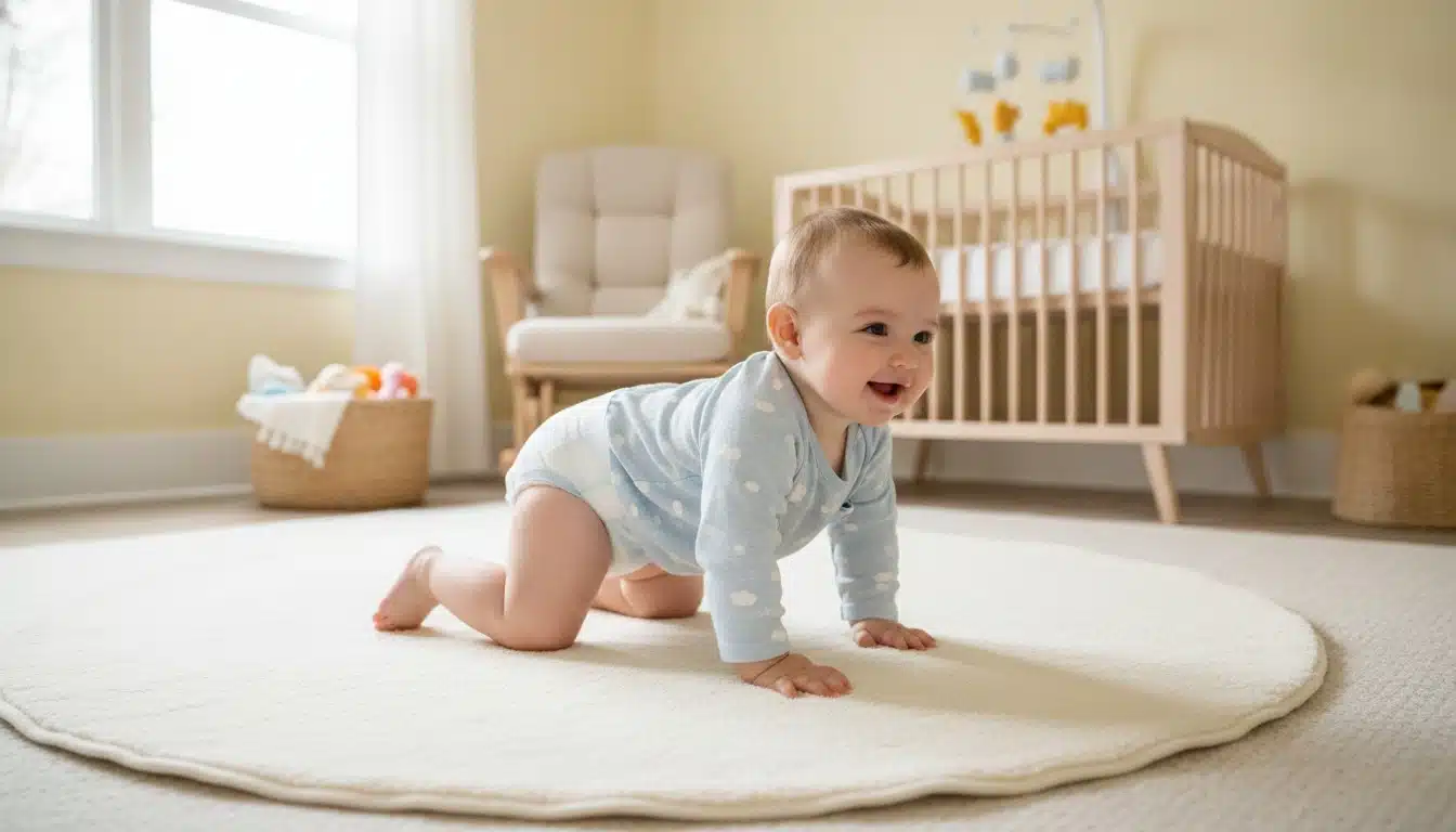 Happy baby wearing ultra-thin diaper pants crawling on a play mat in a bright nursery