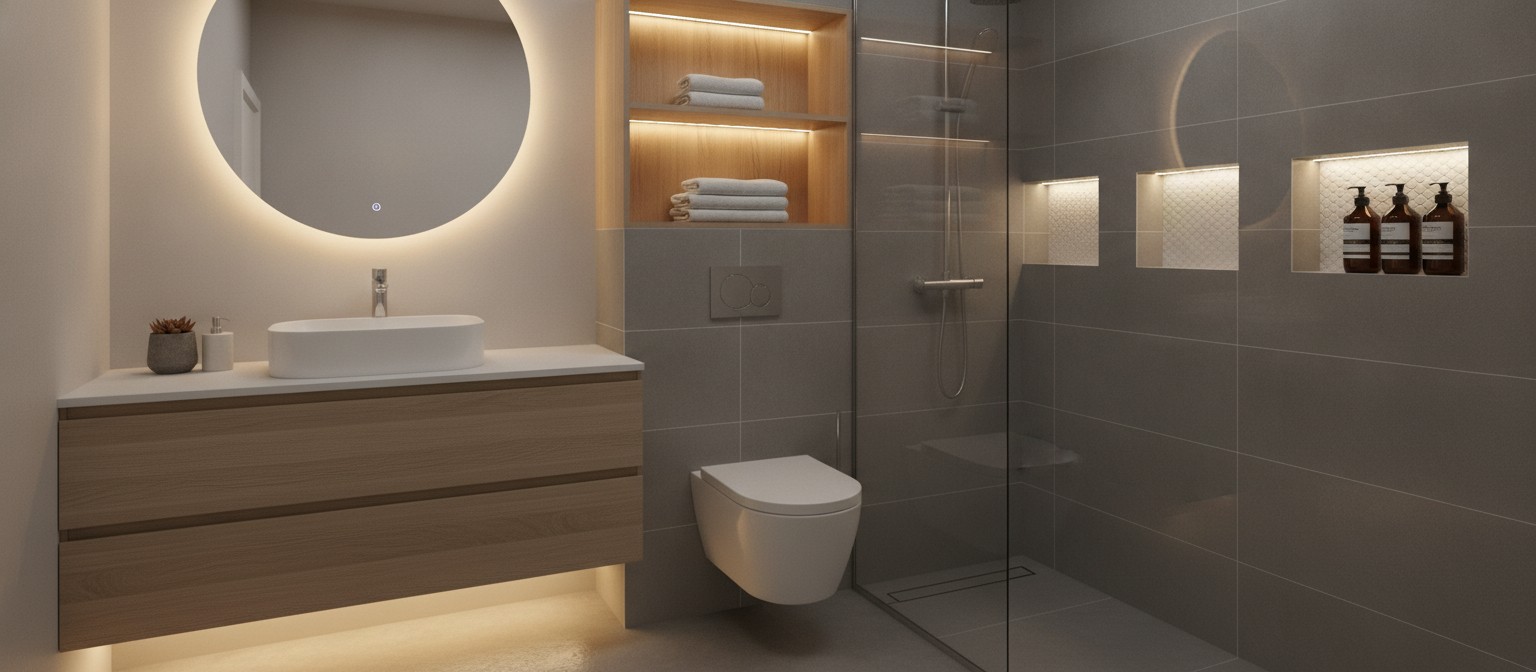 Well-organized bathroom with smart storage solutions and floating vanity