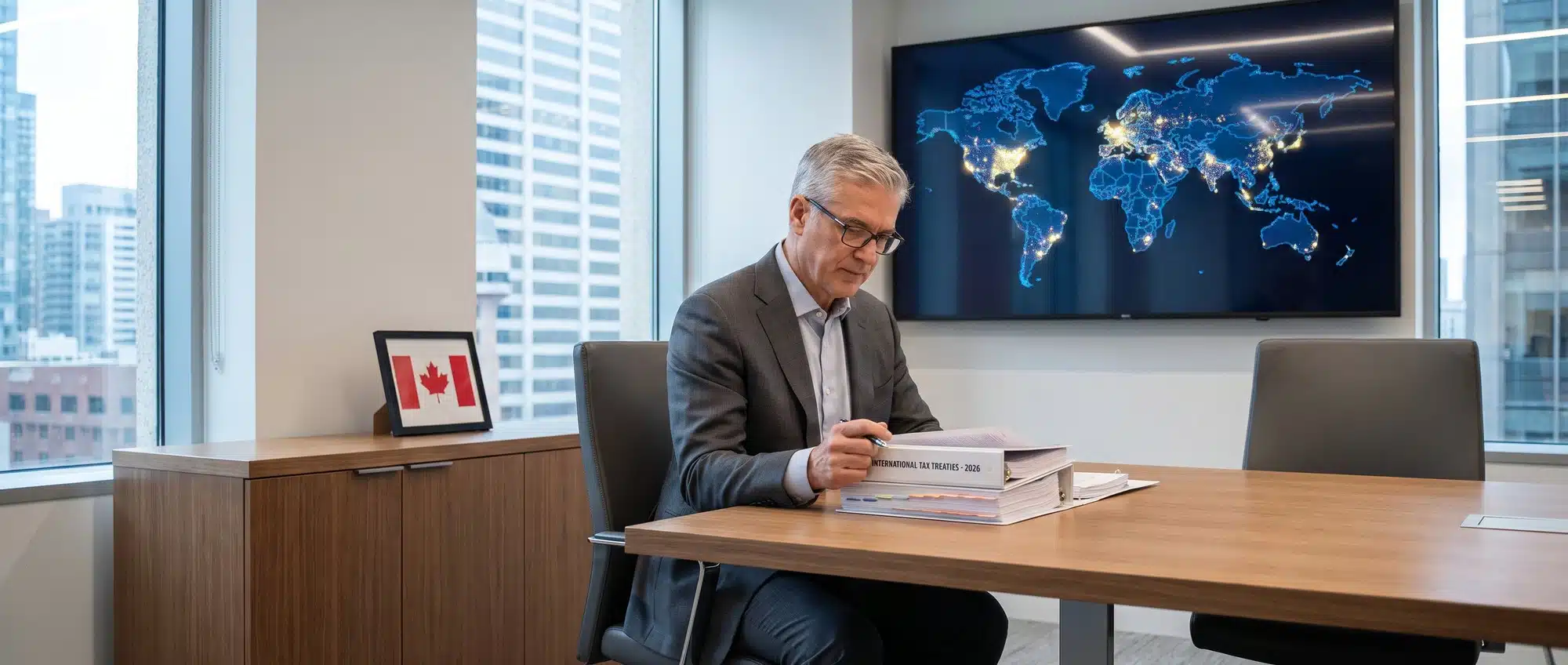 Canadian investor reviewing international tax documents with world map and Canadian flag