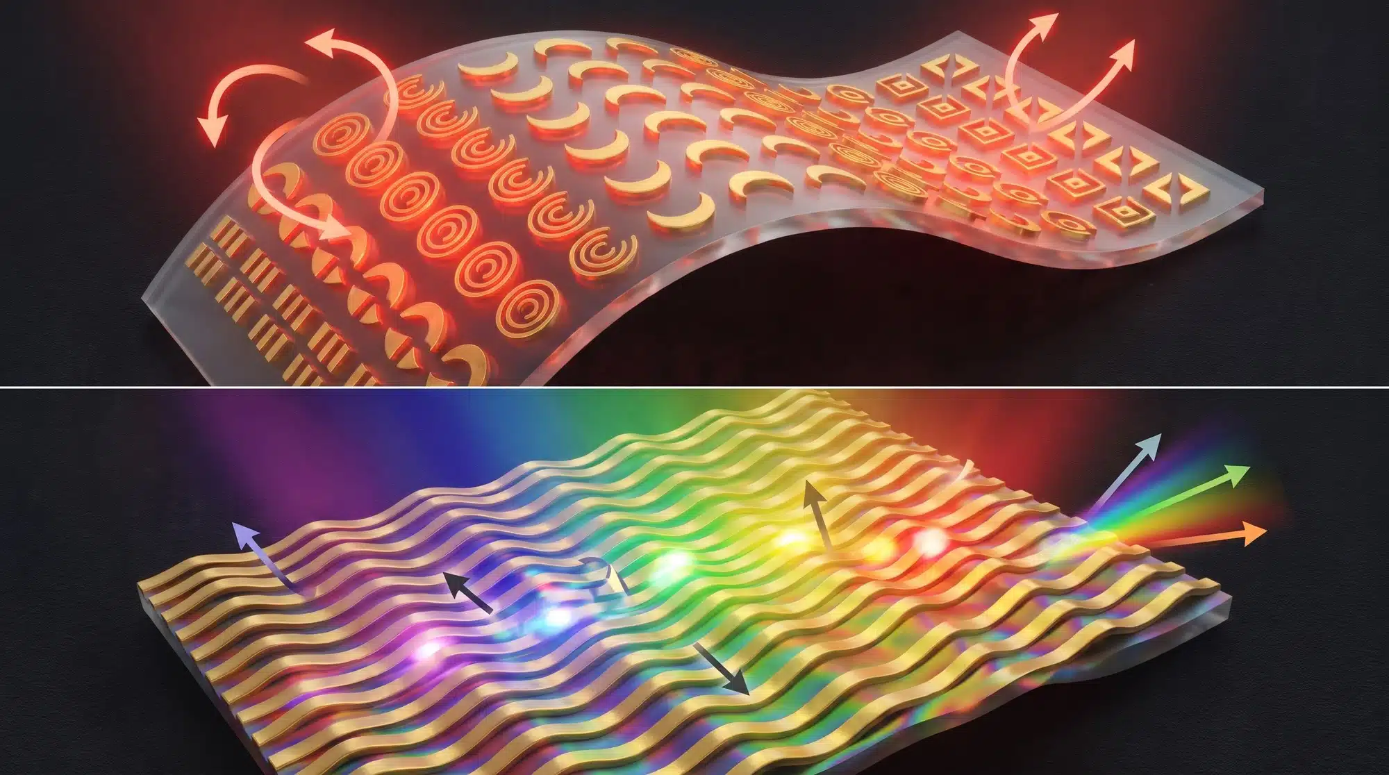 Visualization of two photonic devices fabricated via ion-beam origami: a chiral metasurface (mid-infrared) and a tunable plasmonic grating (visible spectrum)