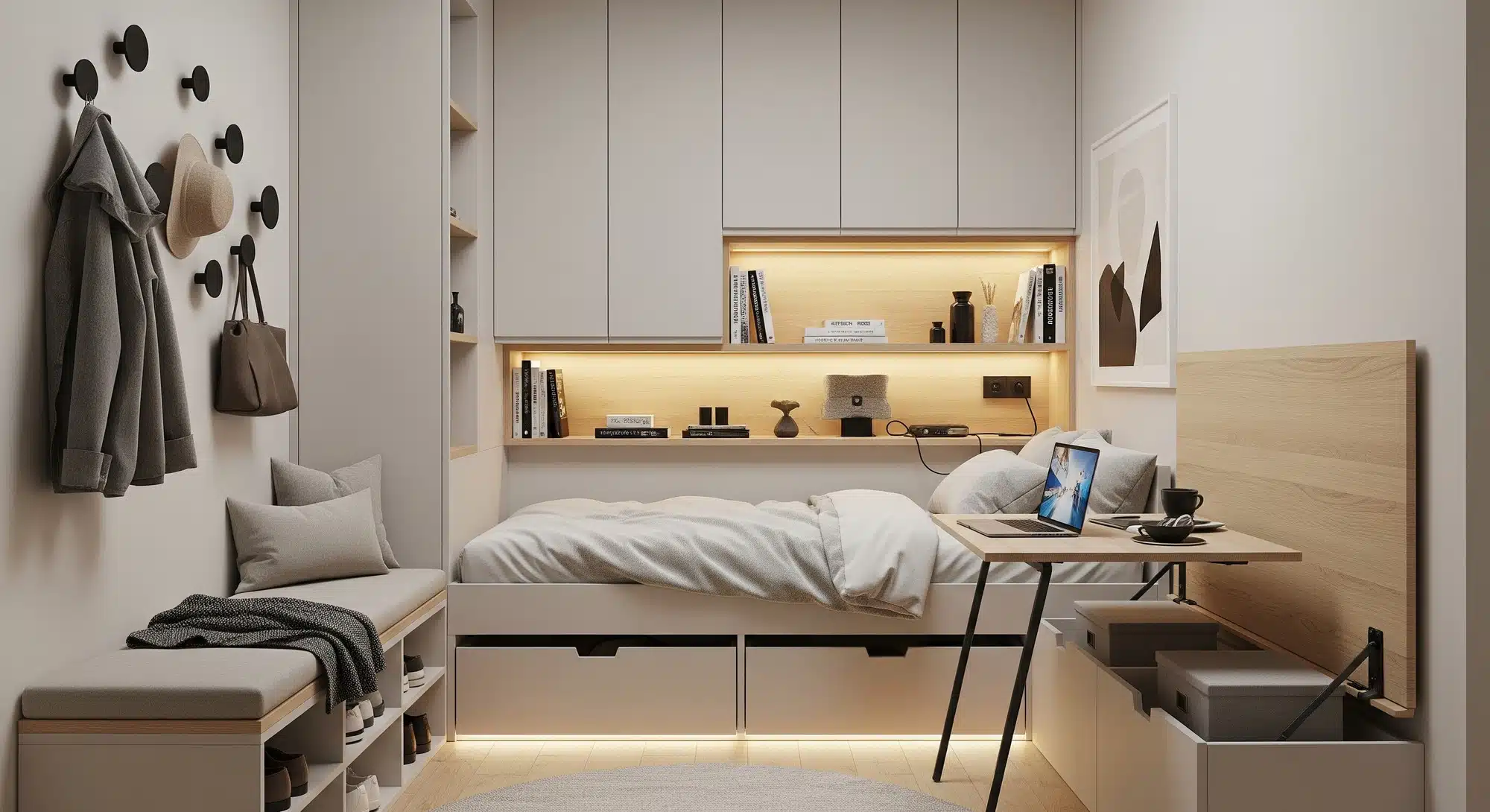 Compact room with built-in storage solutions including under-bed drawers and recessed shelving
