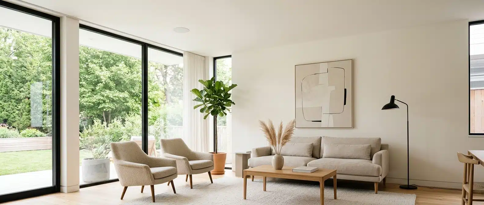 Modern minimalist living room with concealed fire sprinkler cover plate flush with ceiling