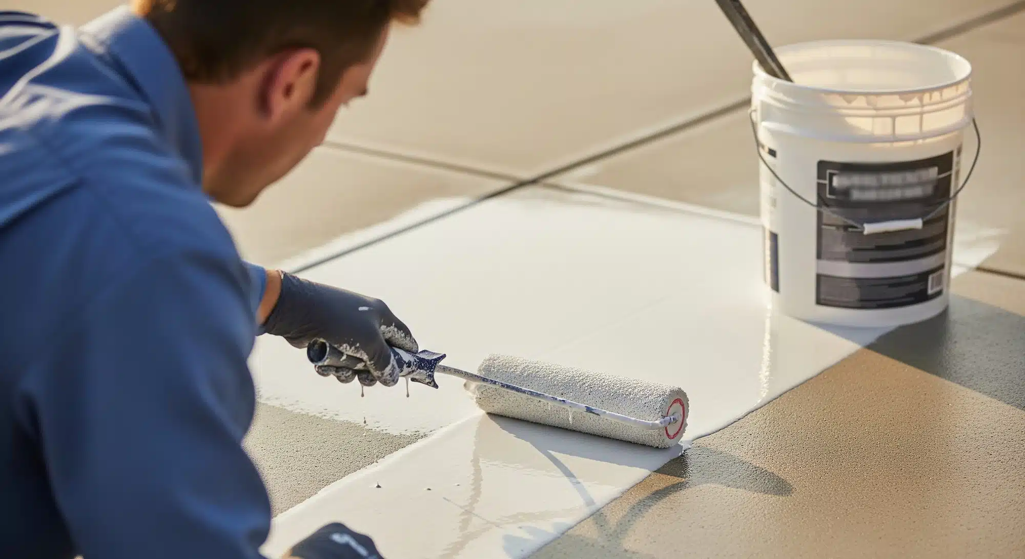 A person resealing a concrete patio to maintain long-term protection