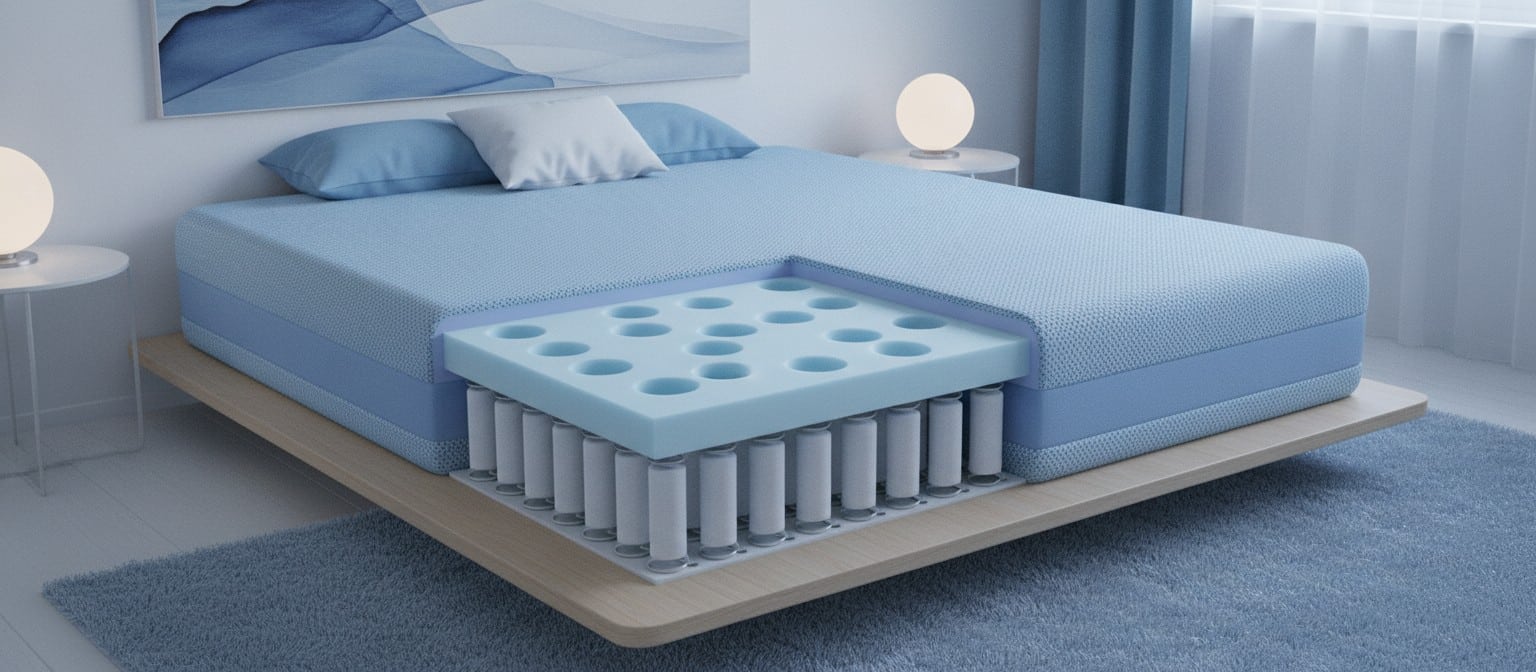Cooling Mattress Materials That Keep Hot Sleepers Comfortable A cross-section illustration of a cooling mattress showing breathable layers, gel-infused foam, and ventilation channels in a modern bedroom setting