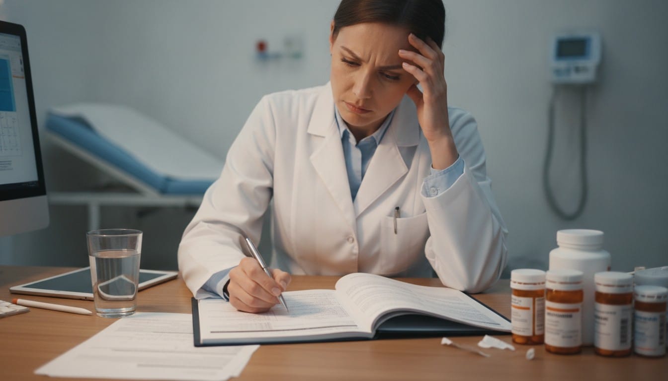 Doctor reviewing patient chart with prescription bottles, representing medication and diagnosis errors