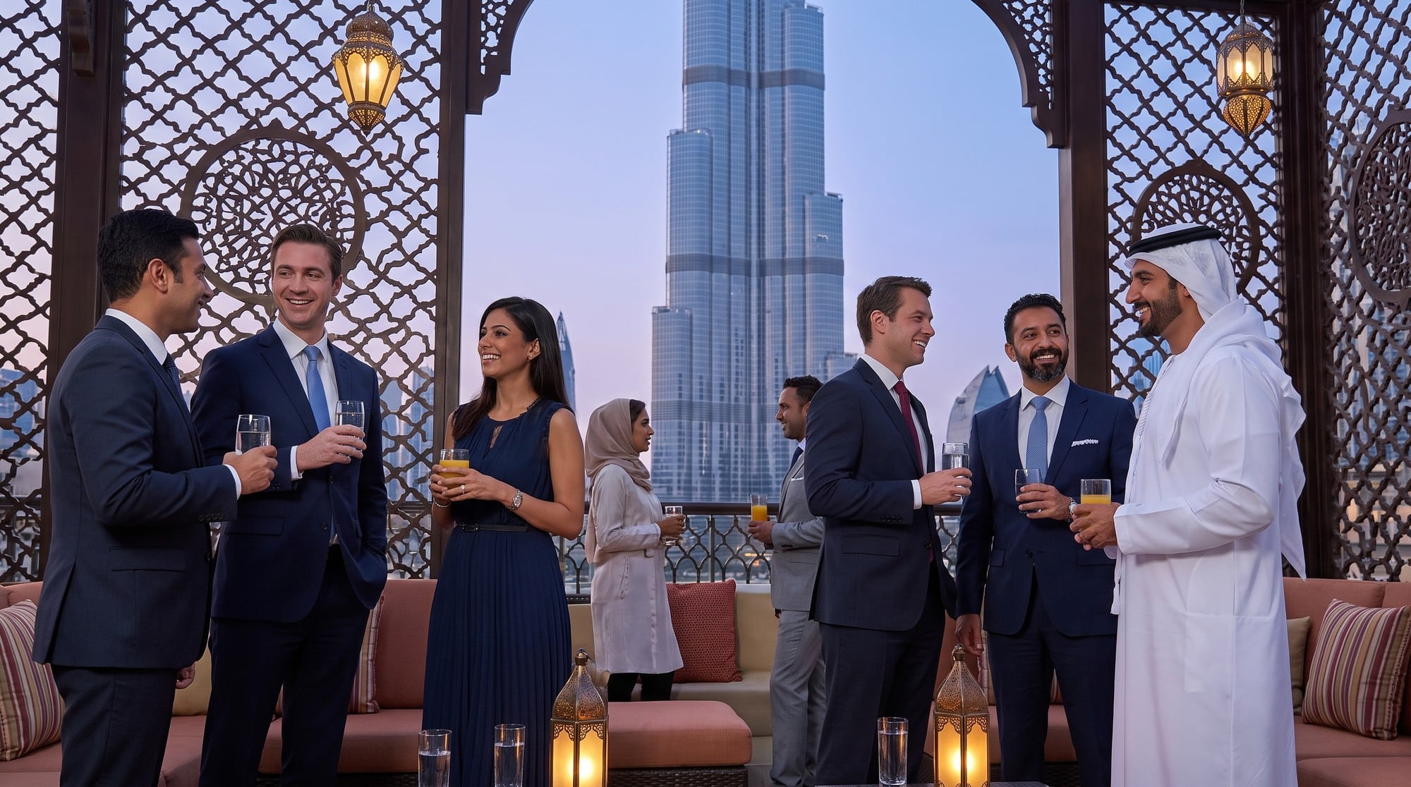 Business professionals networking at a conference event in a luxury Dubai hotel