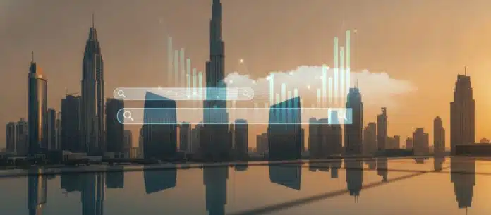 Dubai skyline with digital marketing and SEO growth visualization
