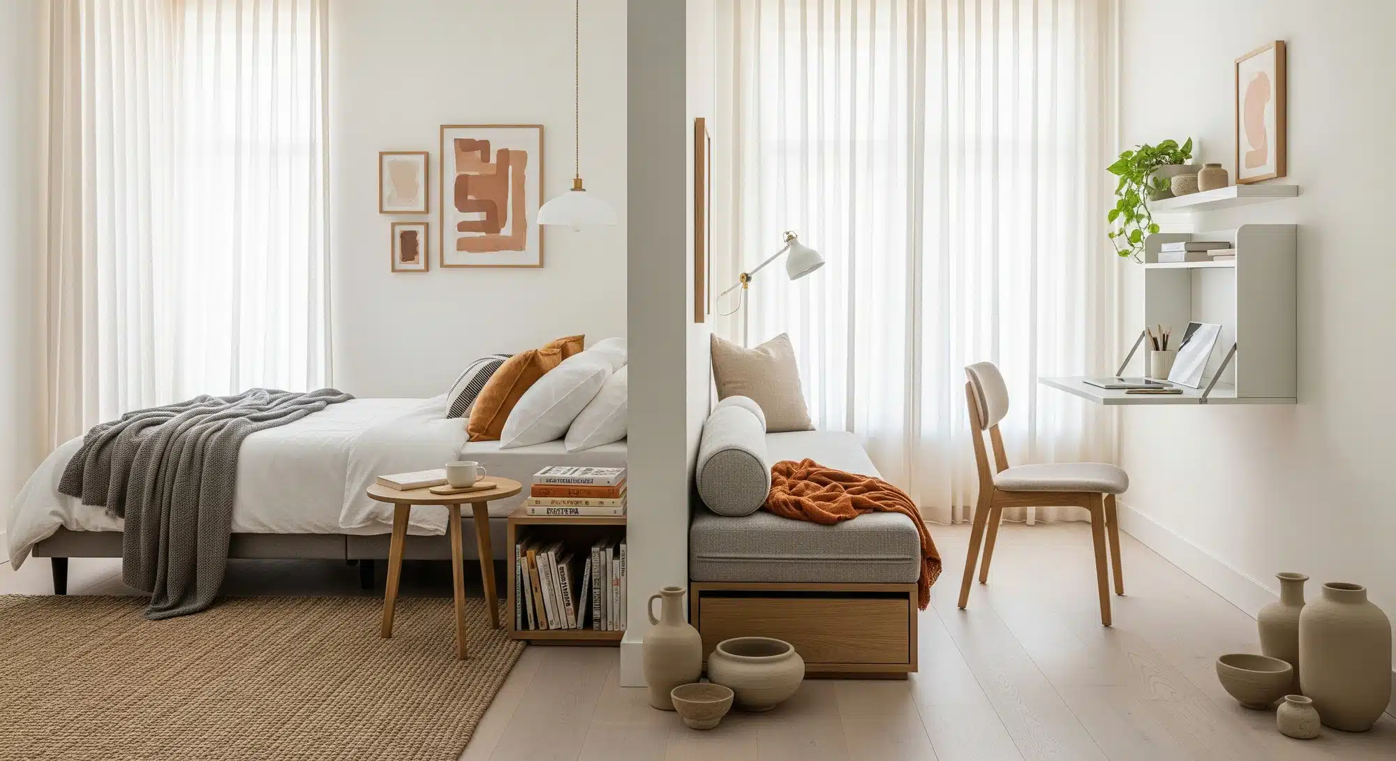 Effortlessly designed multifunctional living space with sleeping zone, reading nook, and compact work area