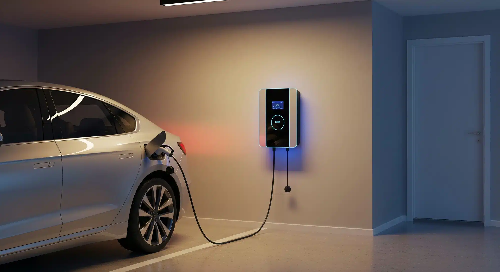 Modern electric vehicle charging at a Level 2 home charger inside a residential garage