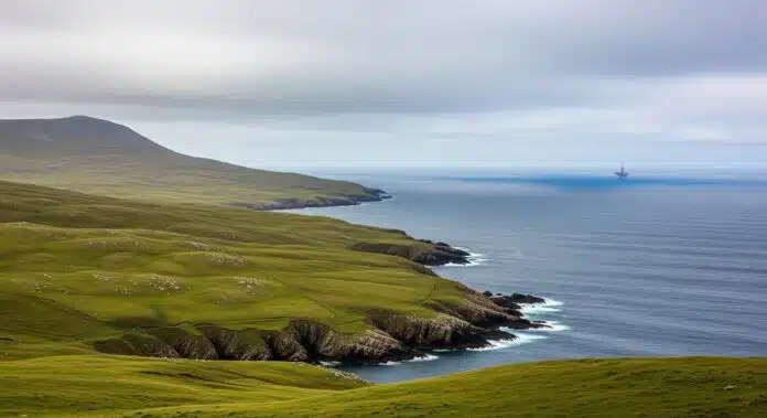 The rugged coastline of the Falkland Islands with an offshore platform visible on the distant horizon