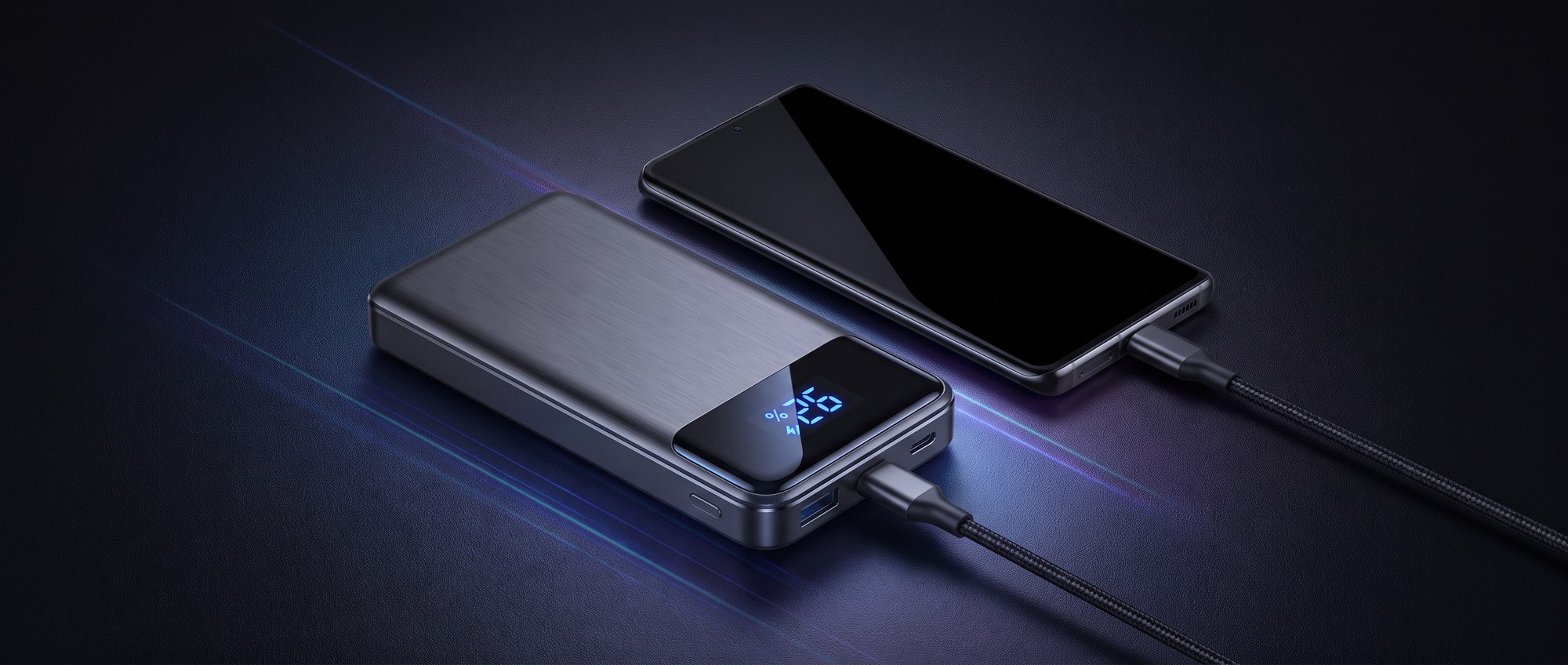 Modern fast-charging power bank connected to a smartphone via USB-C cable