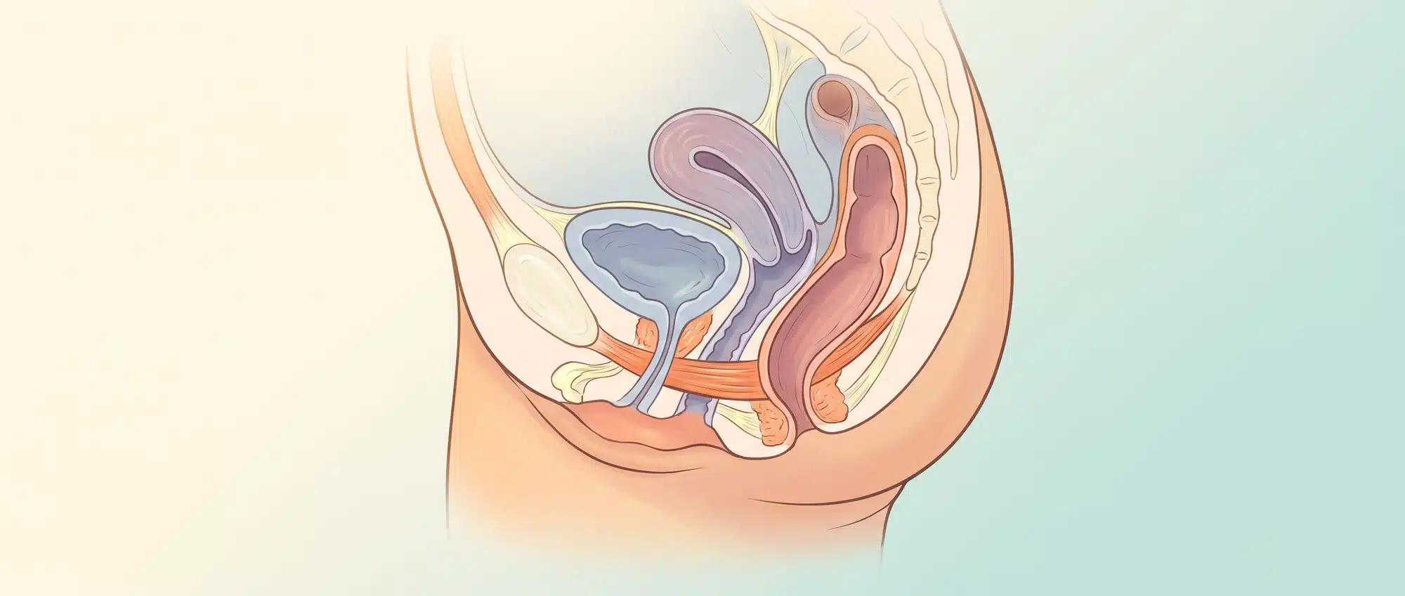The Most Common Pelvic Health Conditions and Options for Support Illustration of female pelvic floor anatomy showing muscles, bladder, uterus, and supporting structures