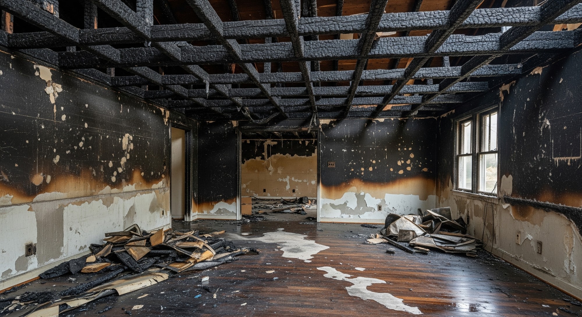 Close-up of fire and smoke damage showing charred wood and soot-covered walls in a home