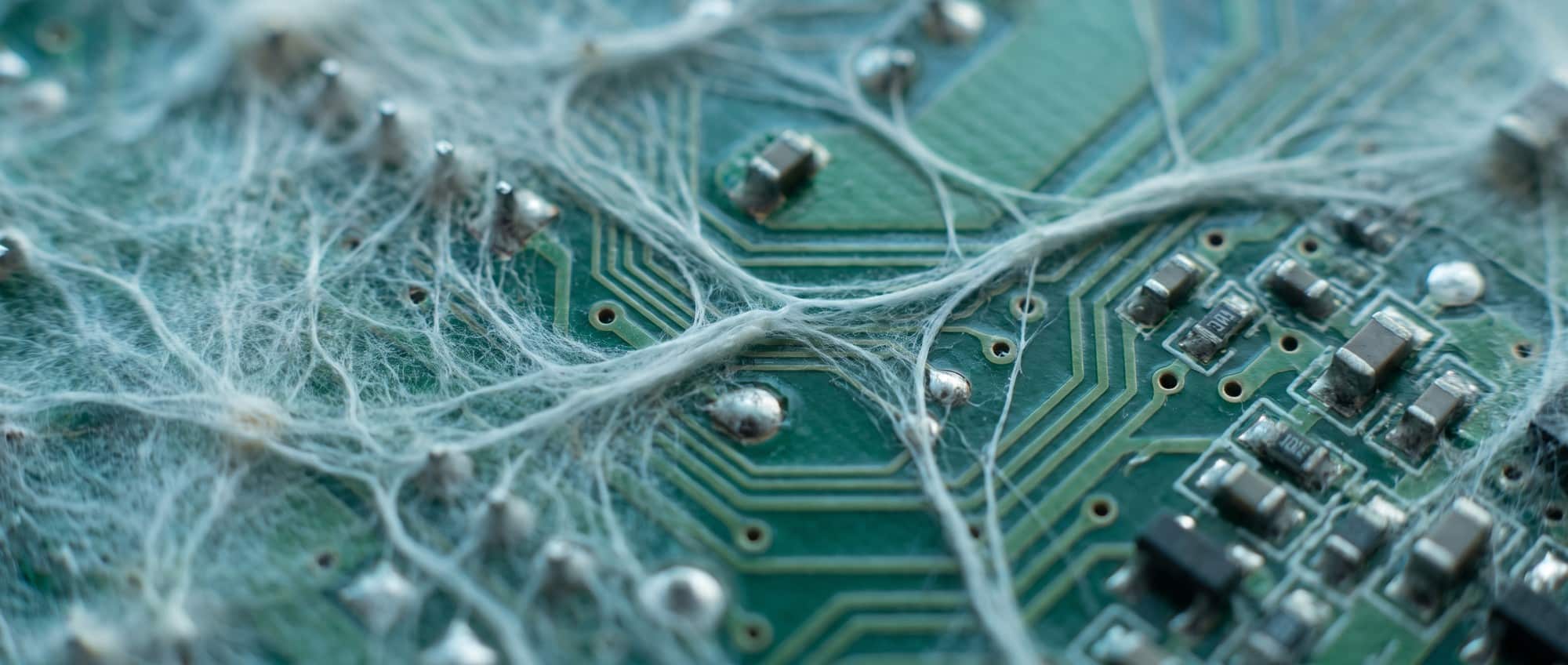 Fungal mycelium growing across a circuit board, illustrating the concept of fungal electronics