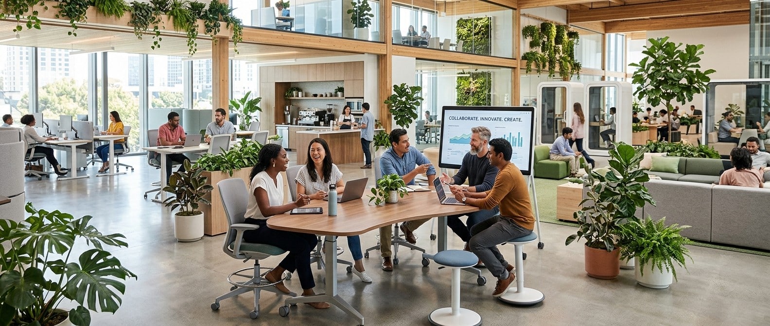 Future-oriented collaborative office with flexible modular furniture and biophilic design