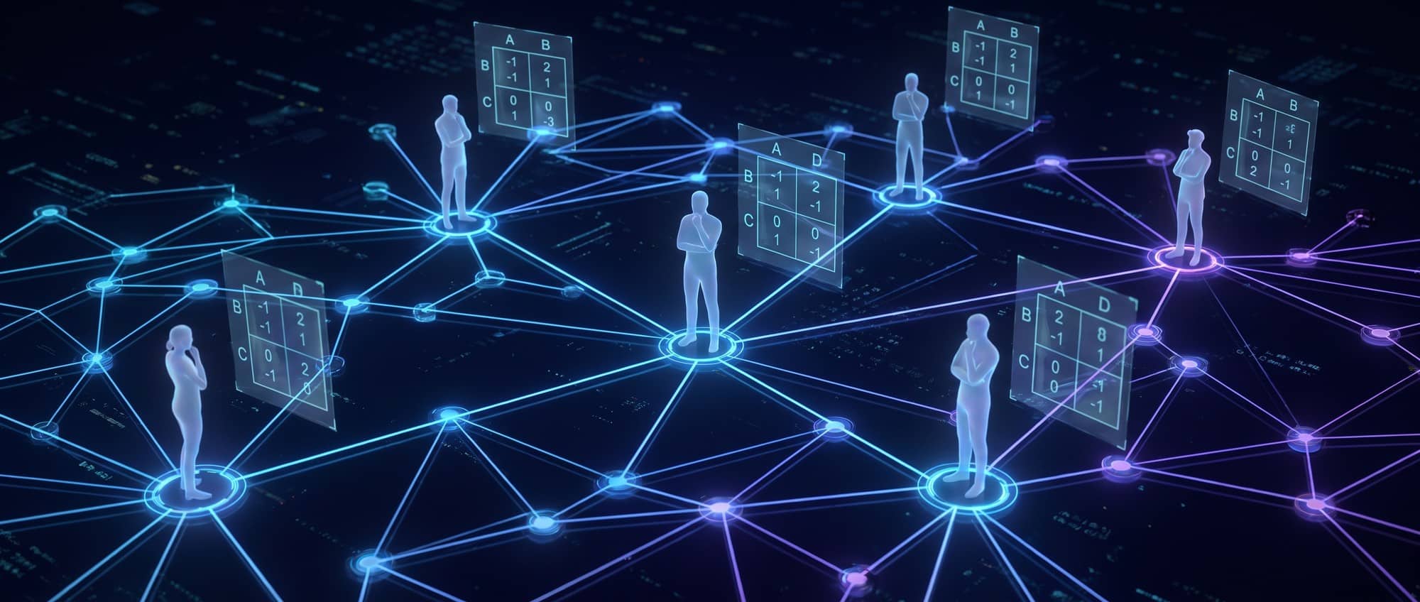 Conceptual illustration of game theory and strategic human decision-making with interconnected decision nodes and payoff matrices