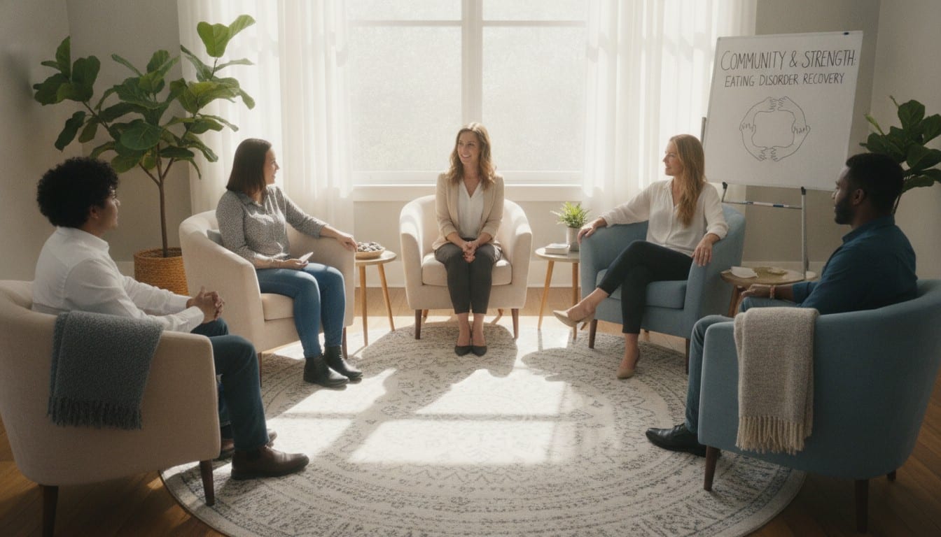 Supportive group therapy session in bright clinical room with chairs in circle arrangement