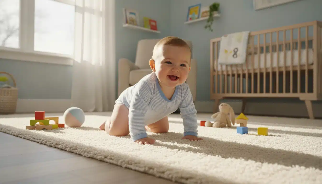 Happy baby wearing ultra-thin diaper pants playing comfortably in a bright nursery