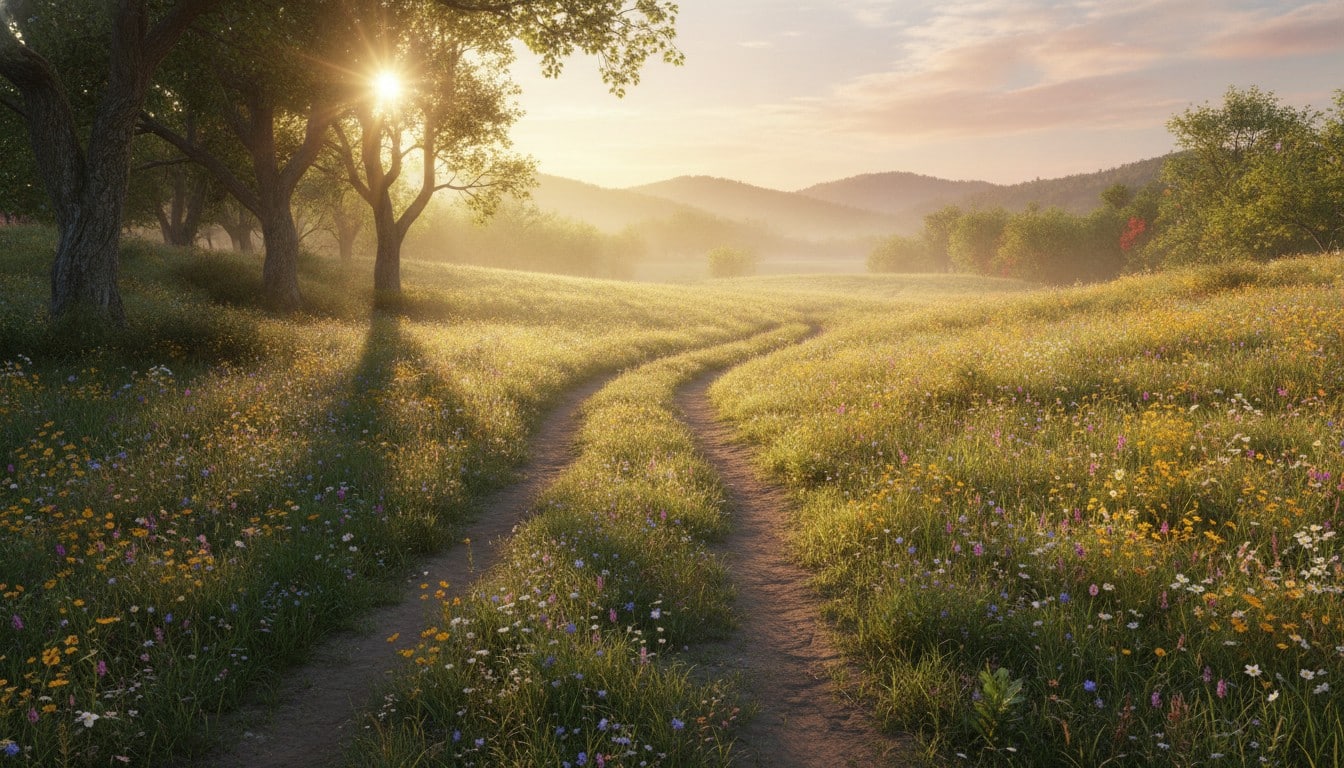 Peaceful sunrise path through green meadow with wildflowers symbolizing hope and recovery
