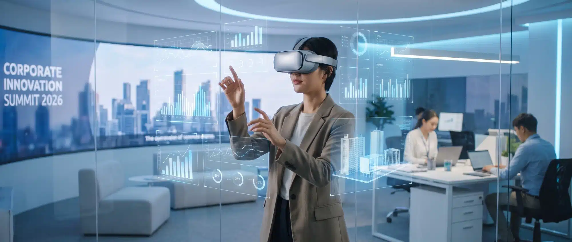 Person using VR headset for immersive 360-degree corporate video experience with holographic data