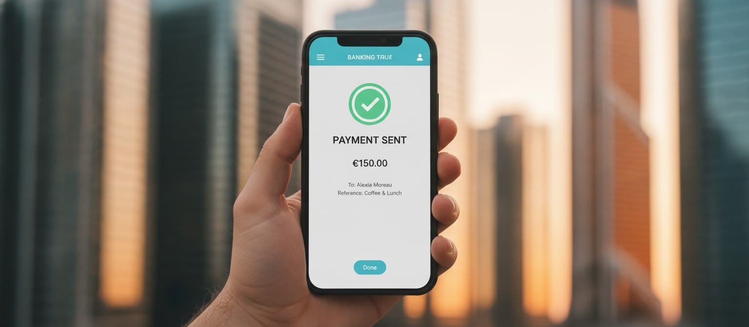 Smartphone displaying instant payment confirmation against a city backdrop
