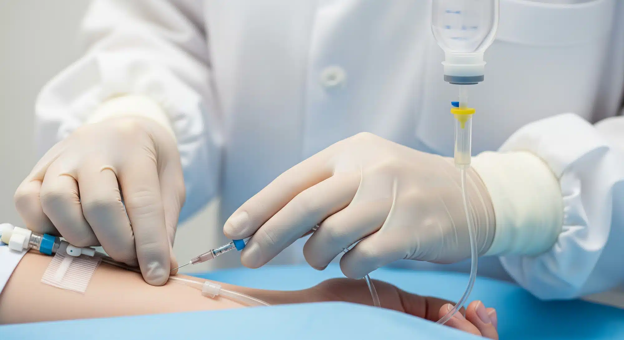 Medical professional administering IV therapy through a drip into patient arm