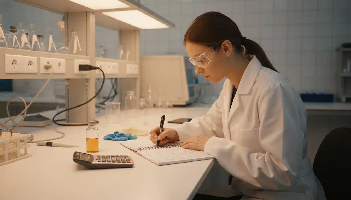Researcher performing reconstitution calculations at a laboratory bench