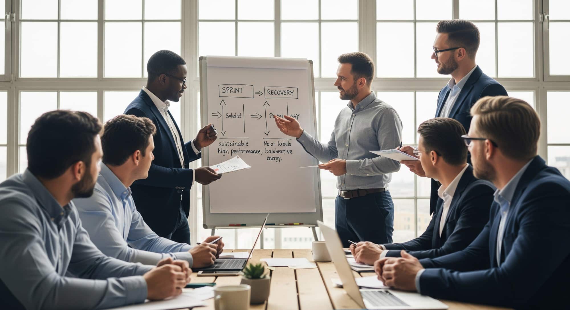 Diverse team of professionals collaborating in a modern office, discussing sustainable work rhythms and balanced leadership