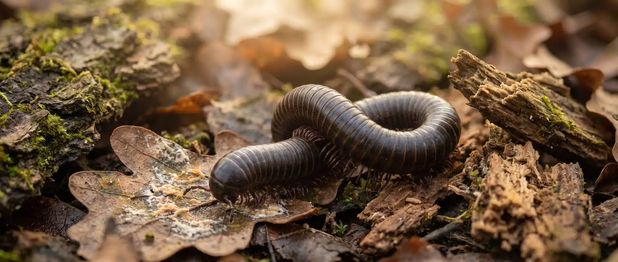 Two millipedes mating on forest floor with leaf litter