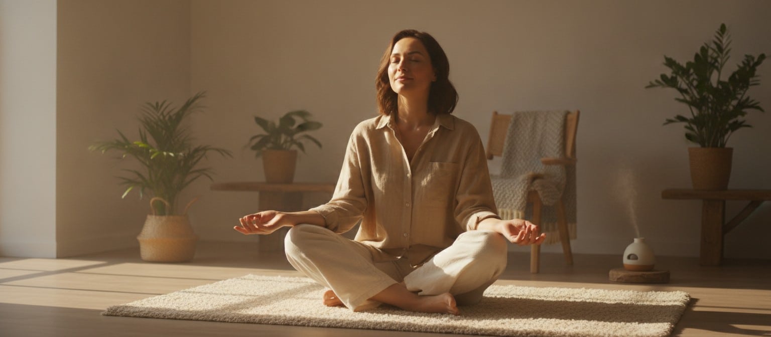 A person practicing mindfulness and gratitude in a calm sunlit room