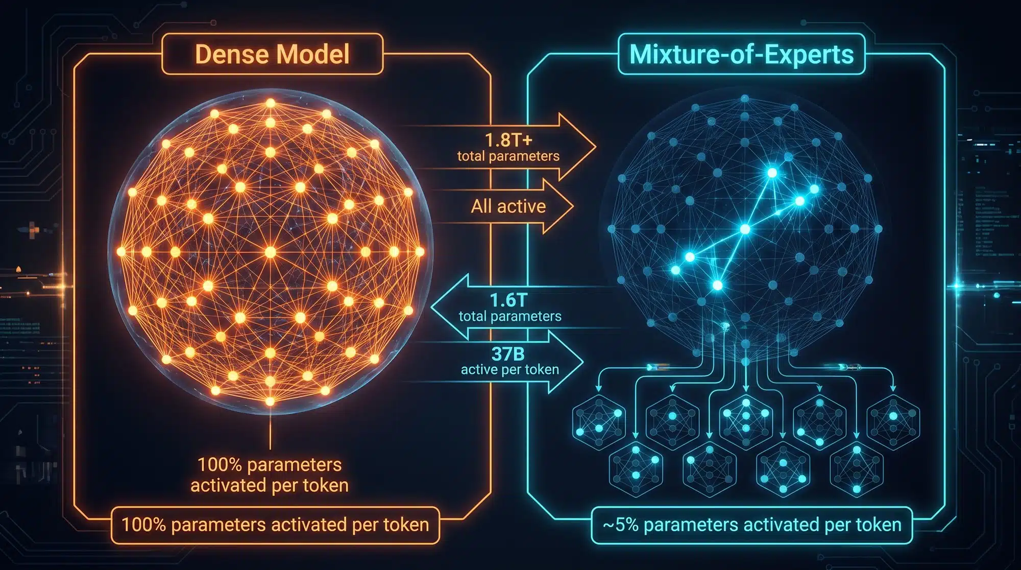 Visual comparison between dense transformer architecture activating all parameters and Mixture-of-Experts architecture activating only a fraction per token