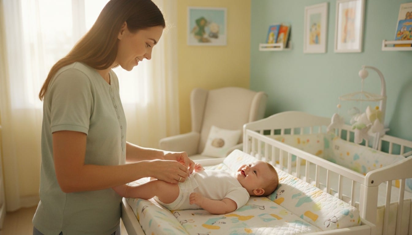Mother gently changing her smiling baby's diaper on a soft changing mat in a bright, cozy nursery