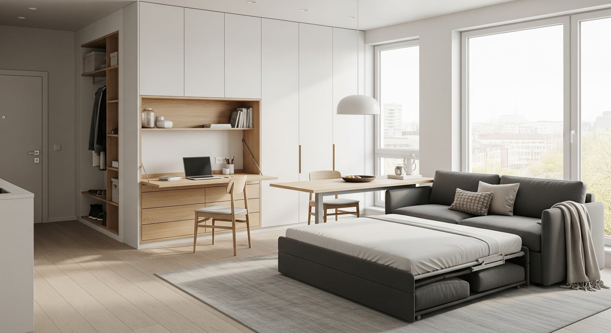 Modern multifunctional studio apartment with convertible furniture and clever storage solutions