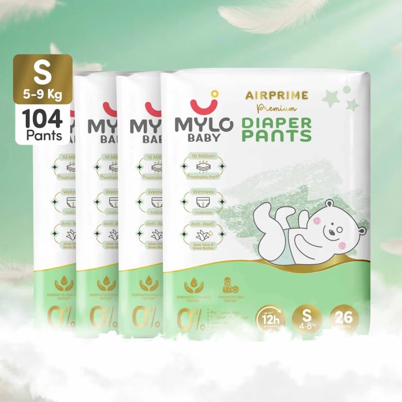 A pack of Mylo AirPrime Premium Diaper Pants in size S, showing a cartoon bear on the packaging.