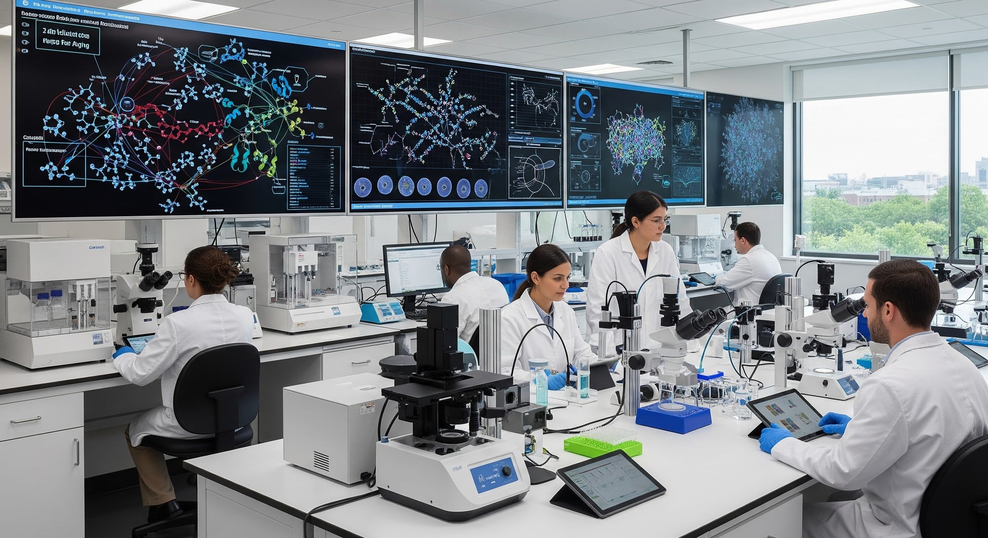 Modern research laboratory investigating cellular biology and longevity