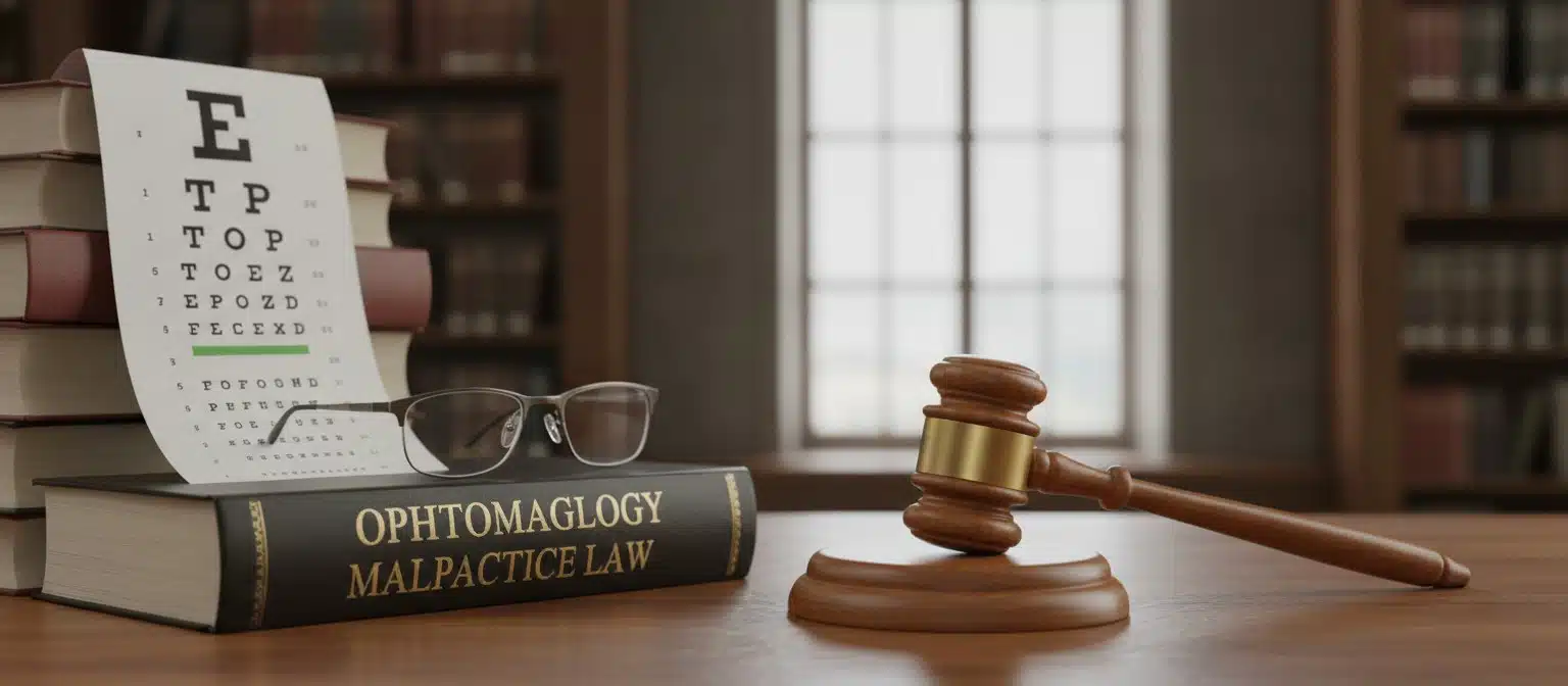 A wooden gavel beside an eye chart and glasses symbolizing ophthalmologist malpractice law