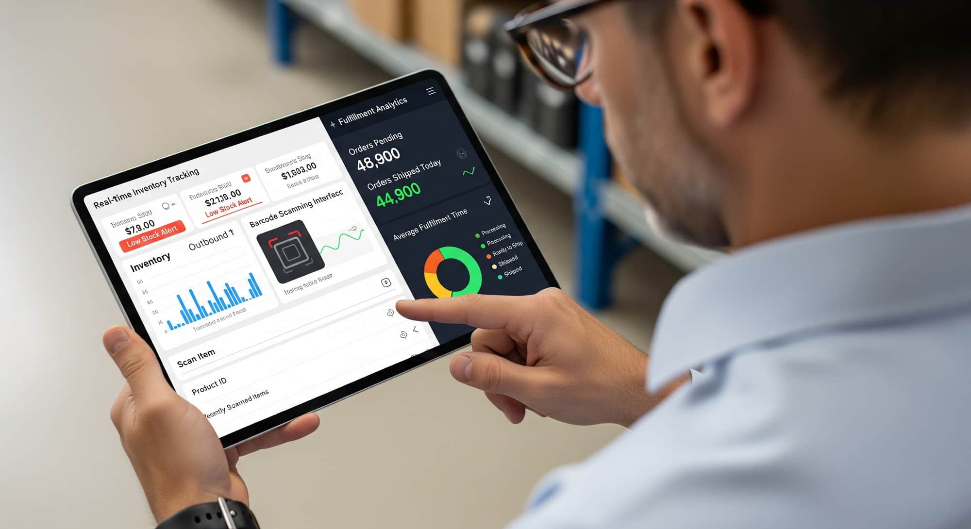 Business professional using order management system with real-time inventory tracking dashboard