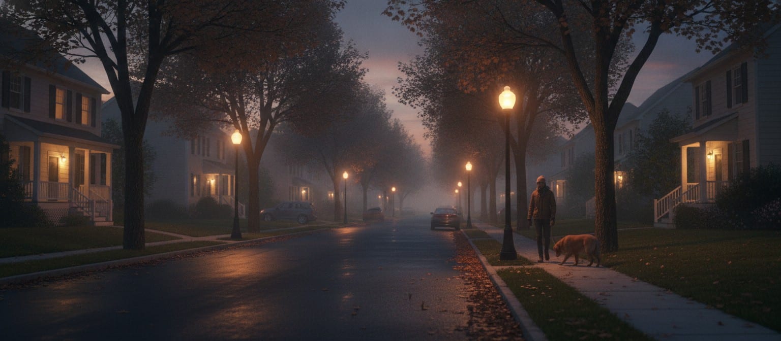 A peaceful evening neighborhood scene showing the beauty of ordinary daily life