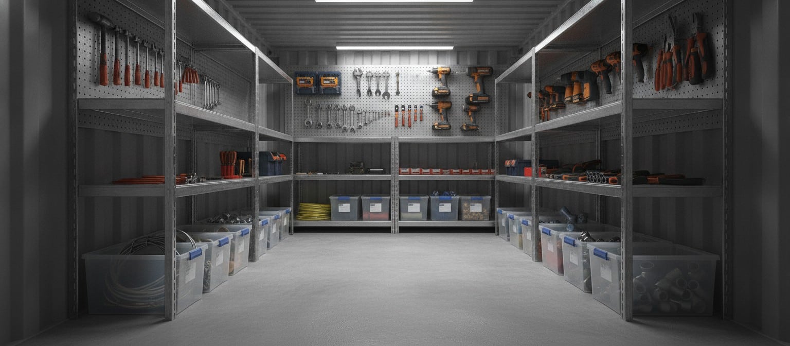 Interior of a well-organized construction storage container with tools and equipment neatly arranged on shelves