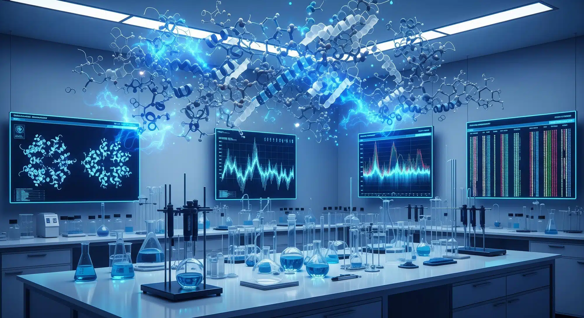 Conceptual illustration of peptide molecular structures above a modern biochemistry laboratory