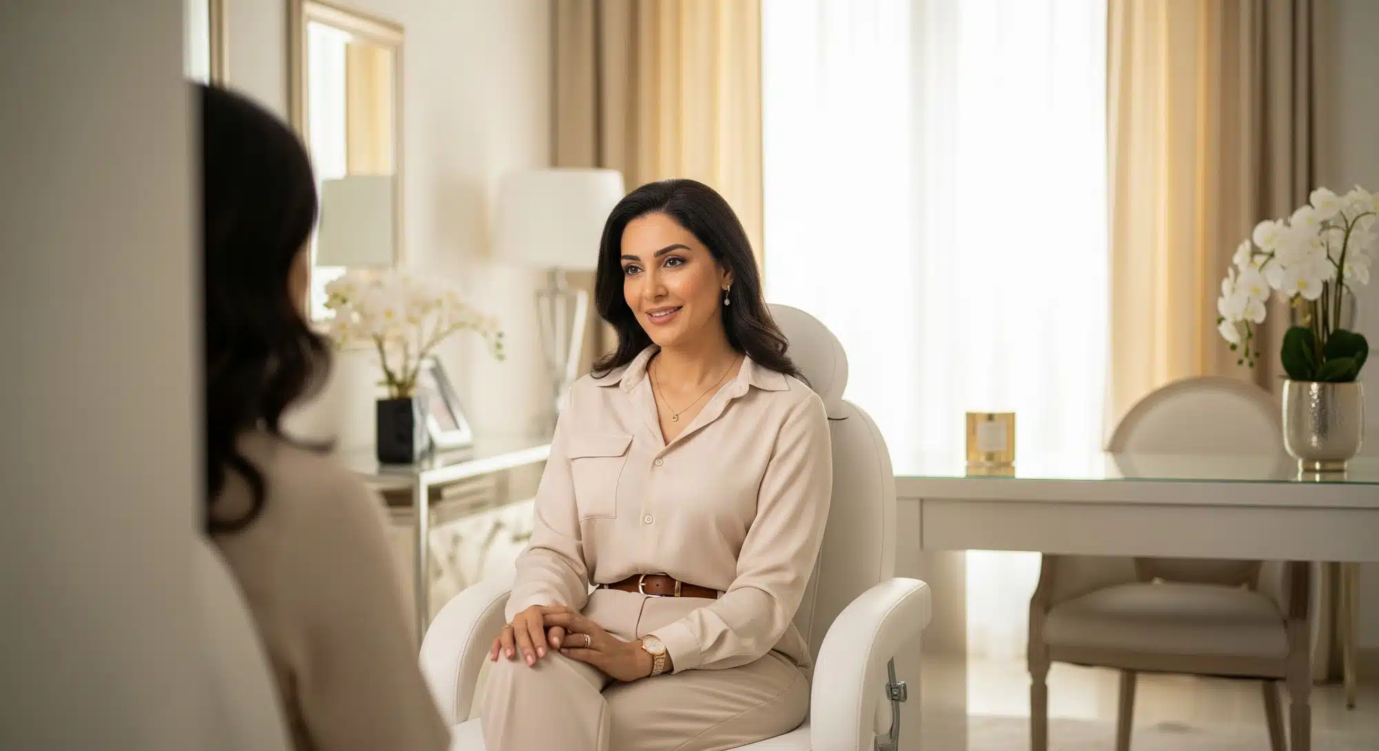 Confident woman looking in mirror after successful plastic surgery recovery