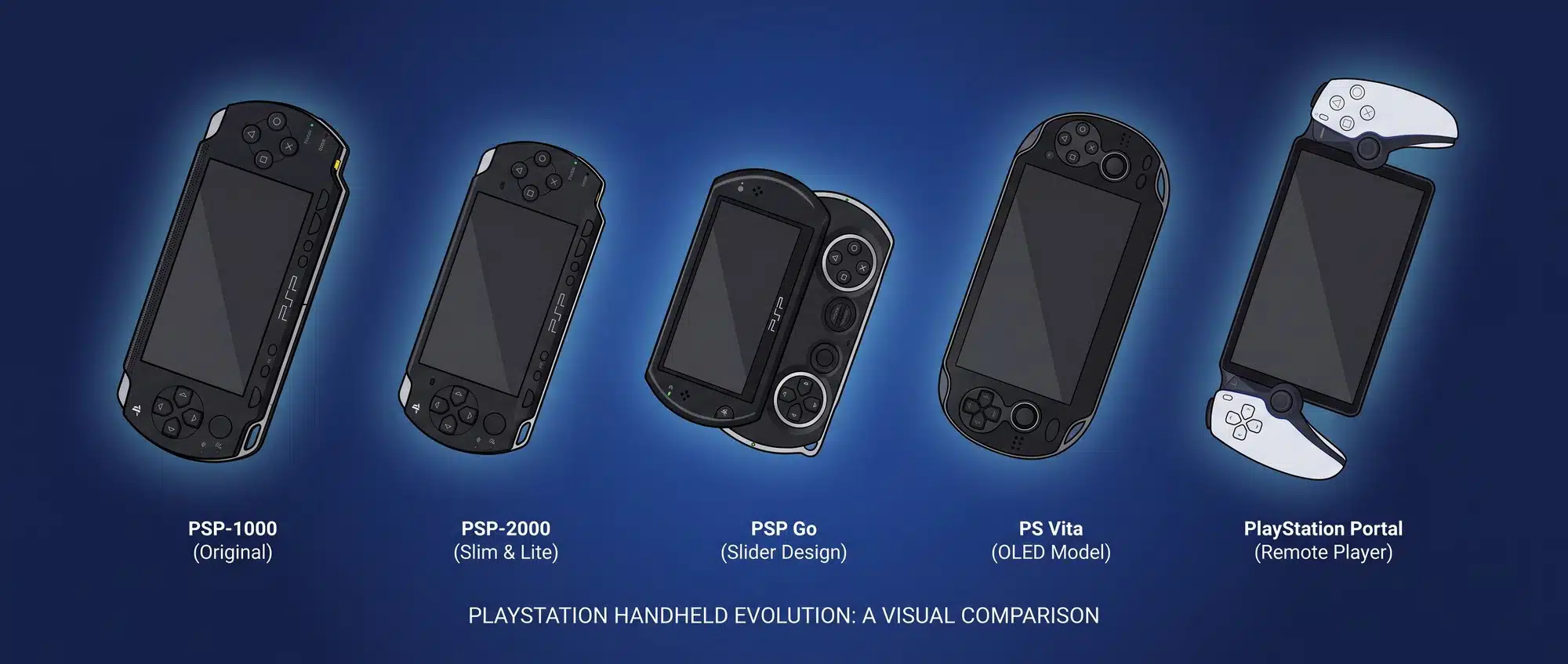 Comparison of all PlayStation handheld consoles: PSP, PSP Slim, PSP Go, PS Vita, and PlayStation Portal