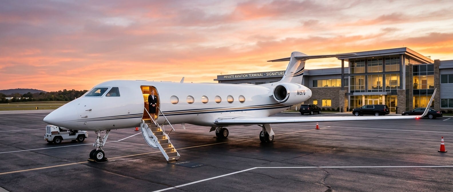 Book a Private Jet Charter Flight: Everything You Need to Know Before You Fly Modern private jet on airport tarmac at sunset with private terminal in background