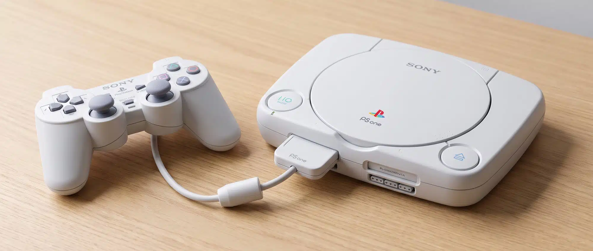 PS One slim white console with controller, the compact redesigned PlayStation from 2000