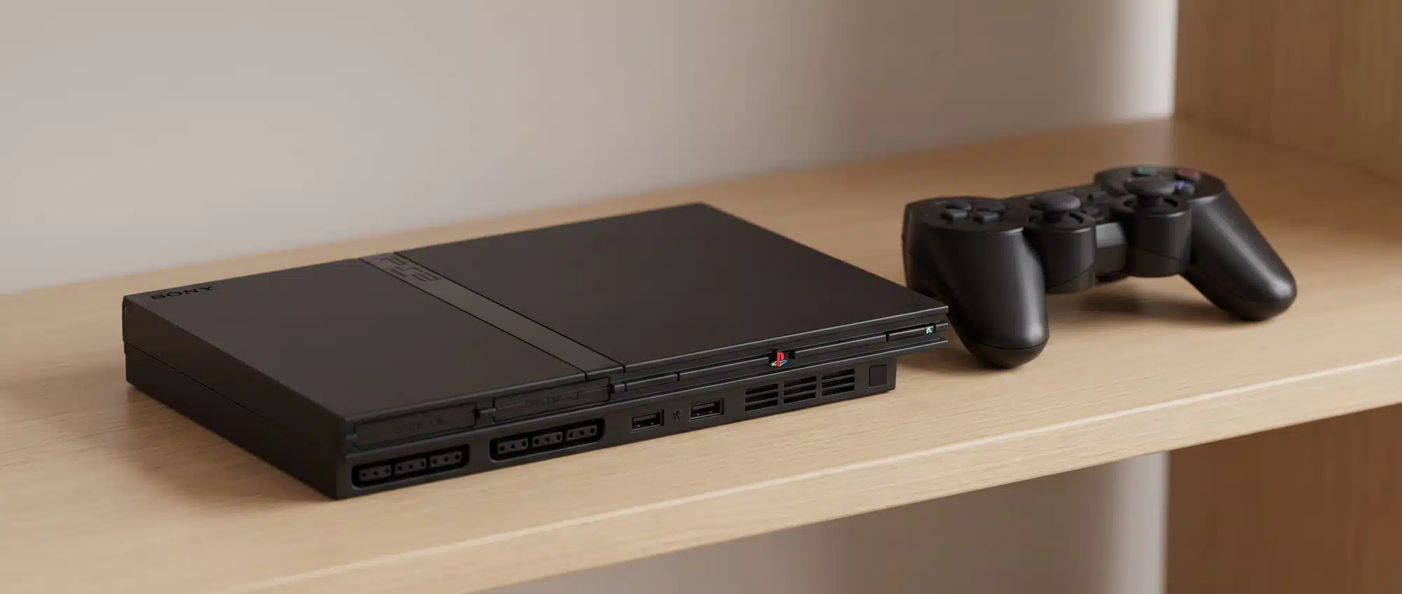 PlayStation 2 Slim console in black, the compact top-loading revision from 2004