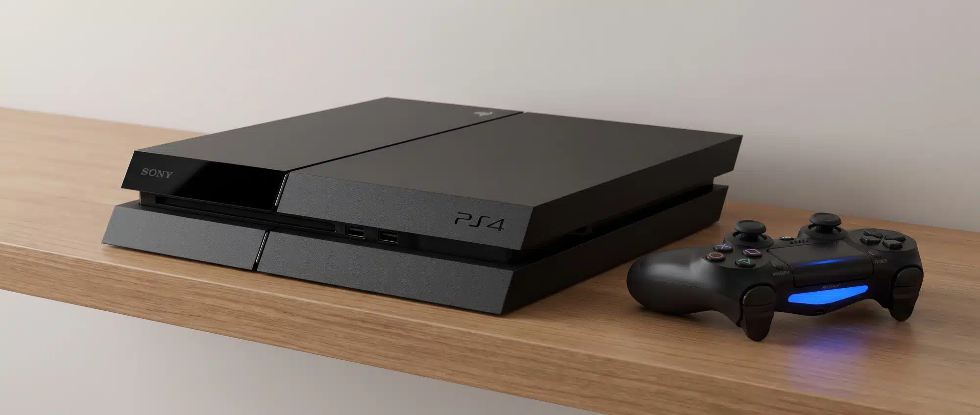 Original PlayStation 4 console from 2013, the angular two-tier design that launched the generation