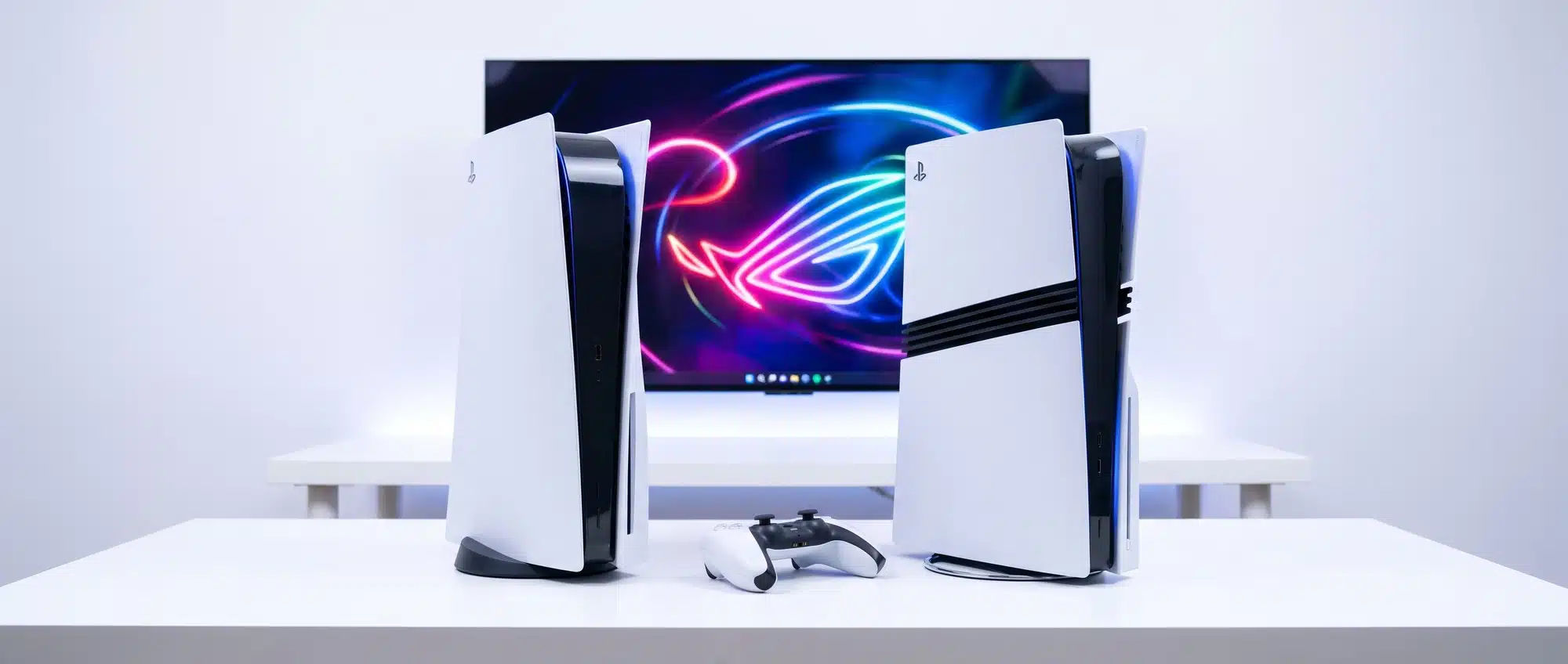 PlayStation 5 and PS5 Pro side by side with DualSense controller in a modern gaming setup